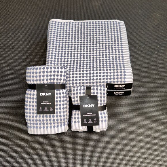 8 Pc. DKNY Monet Tile Blue White Squares Dots Stripes Towel Set Towels Gingham - Picture 5 of 11